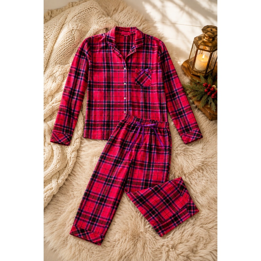 Victorias Secret Pajama Set Size M Red Purple Plaid Lurex Flannel 2 Piece Lounge